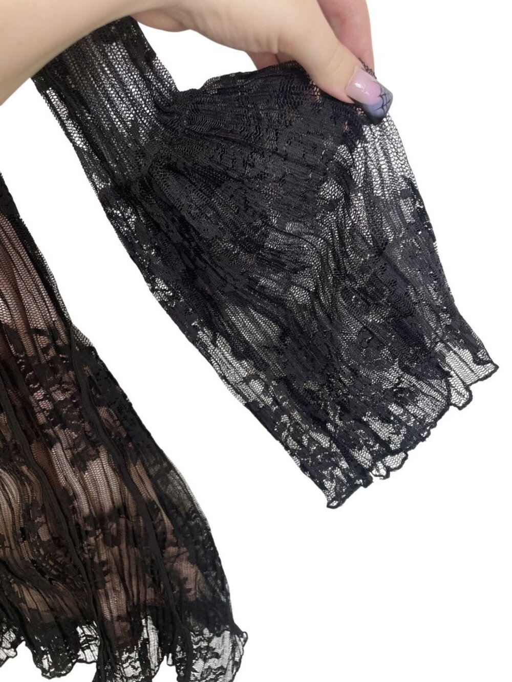Black & Nude Floral Lace Long-Sleeve Mini Dress With Flared Sleeves - Picture 4 of 4